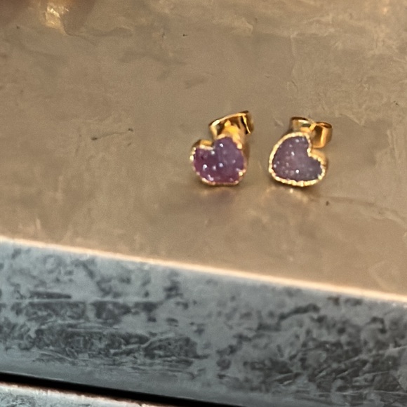 Amethyst druzy heart pierced earrings posts gold plated tiny 1/4” - Picture 2 of 5
